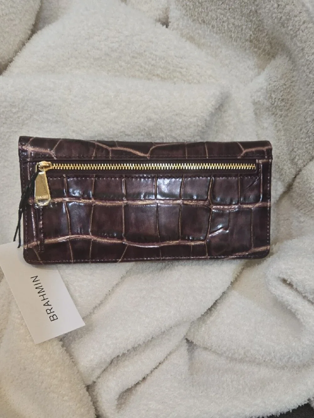 Brahmin Ady Croc-Embossed Leather Wallet Dark Brown Gold Accent New With Tags